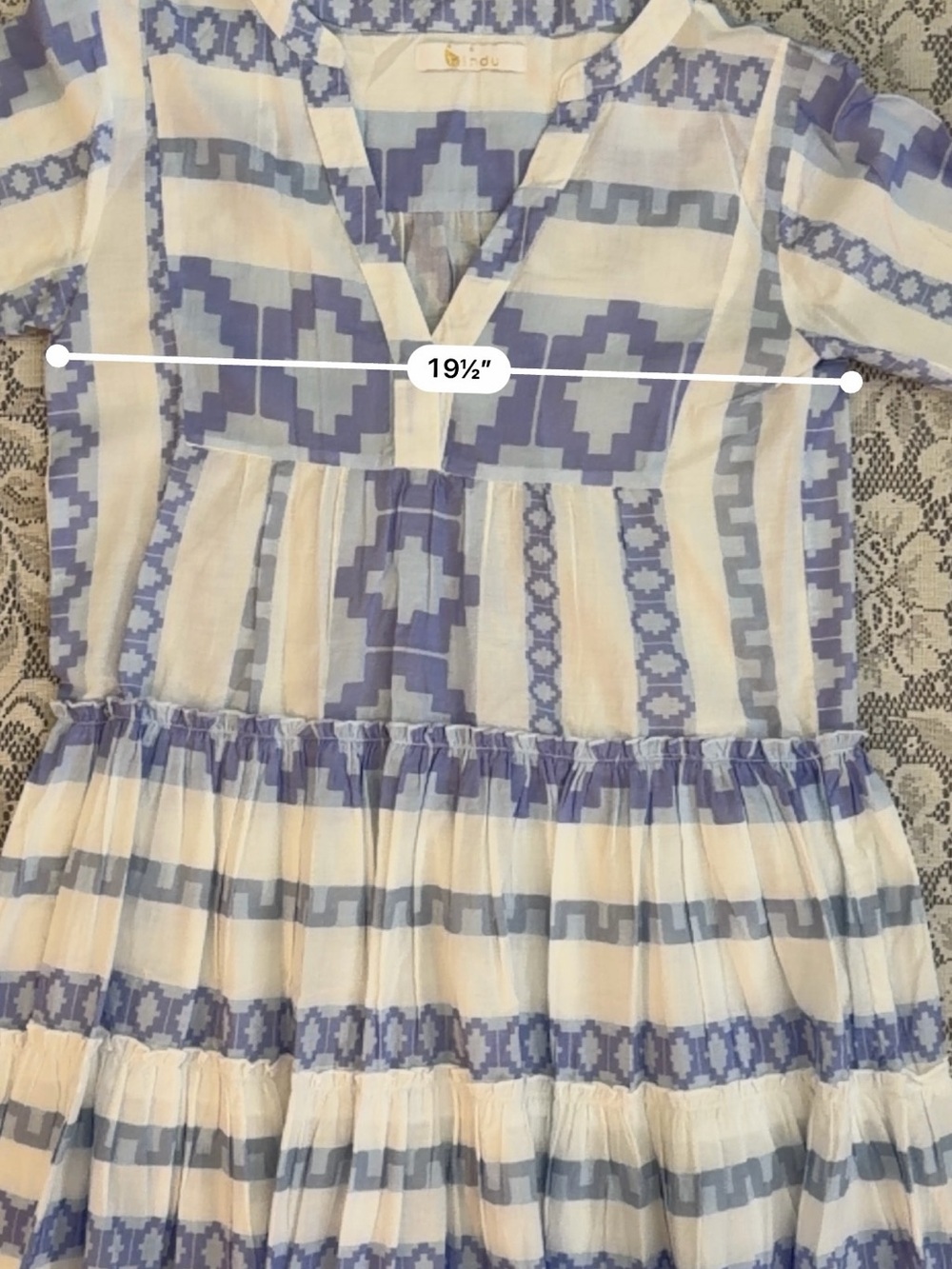 Bindu Cotton Blue & White Geometric Print Tiered Ruffled Bell Sleeves Mini Dress - Picture 2 of 9